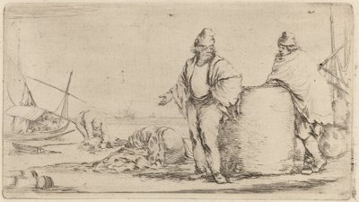 Twee zeelieden staan bij een grote baal koopwaar door Stefano della Bella