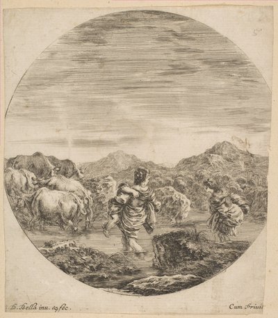 Twee vrouwen die een stroom oversteken, ca. 1646 door Stefano della Bella