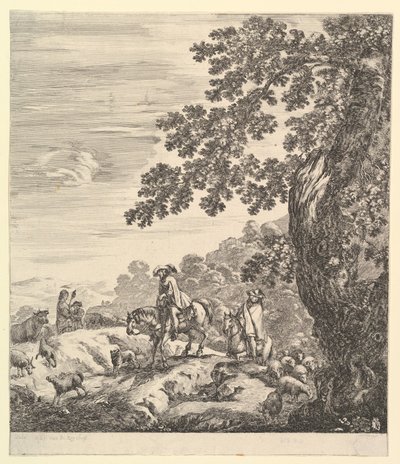 Twee ruiters passeren een kudde, rijdend naar links, een boerin en een jonge jongen, circa 1656 door Stefano della Bella