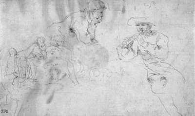 Twee studies voor een compositie van twee herders leunend op een grote rots, een speelt de fluit, de ander luistert door Stefano della Bella