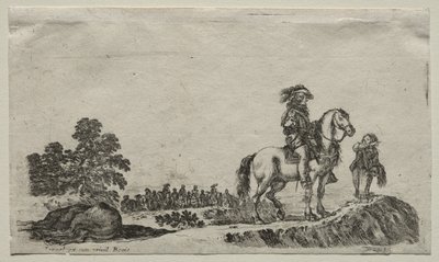 Verschillende figuren en landschappen: Een verdwaalde ruiter vraagt de weg door Stefano della Bella