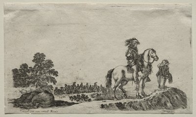Verschillende figuren en landschappen: Een verloren ruiter vraagt de weg, 1649 door Stefano della Bella