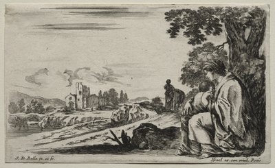 Verschillende Figuren en Landschappen: Een Arme Verpleegster Zittend onder een Boom door Stefano della Bella