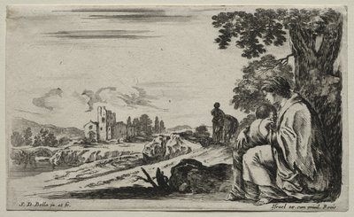 Verschillende figuren en landschappen: Een arme verpleegster zittend onder een boom, 1649 door Stefano della Bella
