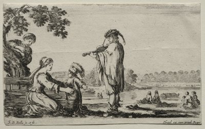 Verschillende figuren en landschappen: Een violist, 1649 door Stefano della Bella