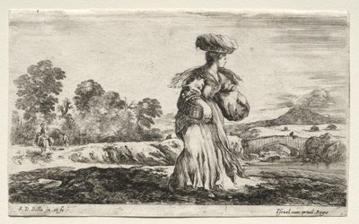 Verschillende figuren en landschappen: Boerin met een mand op haar hoofd, 1649 door Stefano della Bella
