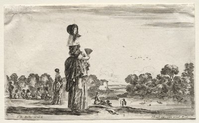 Verschillende figuren en landschappen: Vrouwen kijken naar baders langs een rivier door Stefano della Bella