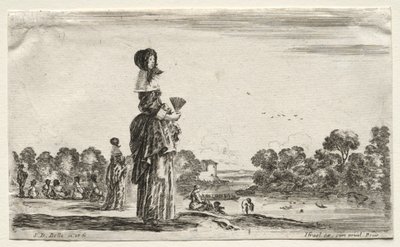 Verschillende figuren en landschappen: Vrouwen kijken naar baders langs een rivier door Stefano della Bella