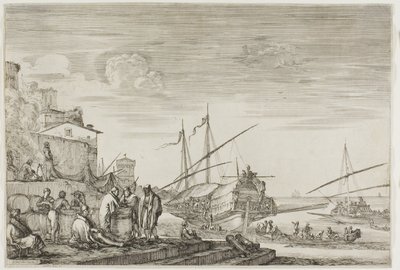 Uitzichten op de haven van Livorno: Huizen met uitzicht op een haven door Stefano della Bella