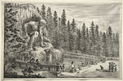 Zichten van de Villa van Pratolino: Kolossaal standbeeld van de Apennijnen door Stefano della Bella