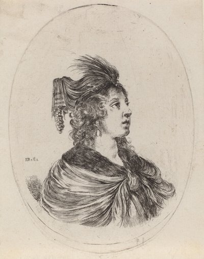 Vrouw in een gevederde tulband, naar rechts gedraaid, 1649-1650 door Stefano della Bella