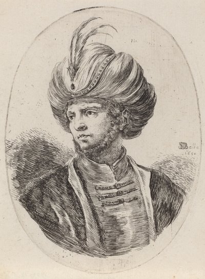 Jonge Moor met een lichte baard en gevederde tulband, naar links gedraaid, 1650 door Stefano della Bella