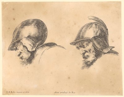 Twee portretten van bebaarde mannen met een helm, in profiel naar links door Stefano della Bella