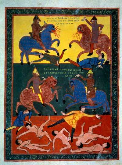 De Vier Ridders van de Apocalyps. De engel blaast de zesde trompet: de verschijning van paarden met een leeuwenkop die vuur spuwen, ruiters gemonteerd met slagschepen. Een derde van de mensen sterft. Miniatuur in 