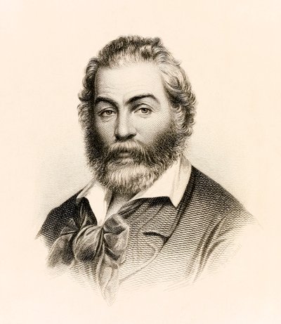 Frontispice uit een editie van 1860 van "Leaves of Grass" een poëziebundel van de Amerikaanse dichter Walt Whitman door Stephen Alonzo Schoff