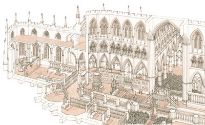 De kooromgang van Westminster Abbey ten tijde van de kroning van koning Hendrik IV in 1399, 2023 (inkt en aquarel) door Stephen Conlin