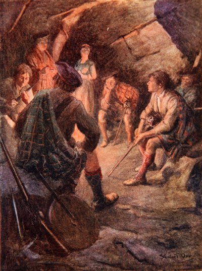 Gewapende Hooglanders zitten rond het vuur en maken plannen voor Bonnie Prince Charlie door Stewart Orr