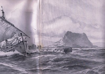 Duitse onderzeeër die door de Straat van Gibraltar reist op weg naar de Dardanellen, uit De Geïllustreerde Geschiedenis van de Wereldoorlog 1914-1915 uitgegeven door Union Berlagsefellfchaft door Willy Stoewer 