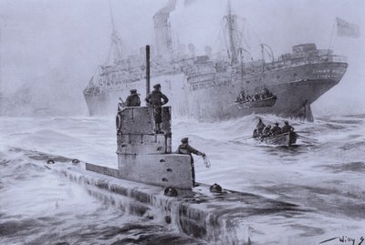 Zinken van het Britse koopvaardijschip Linda Blanche door Duitse onderzeeër U-21 bij Liverpool, Eerste Wereldoorlog, 30 januari 1915 door Willy  Stoewer 