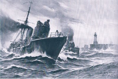 Patrouilleboten en mijnenvegers varen uit de haven van Zeebrugge, uit De Geïllustreerde Geschiedenis van de Wereldoorlog 1914-1915 uitgegeven door Union Berlagsefellfchaft door Willy Stoewer 