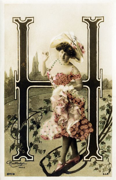 H: Constance Elise De Vere, Franse actrice van Engelse afkomst, geboren in België - Theatre Marigny, Parijs - Alfabet in ansichtkaart door Studio Reutlinger