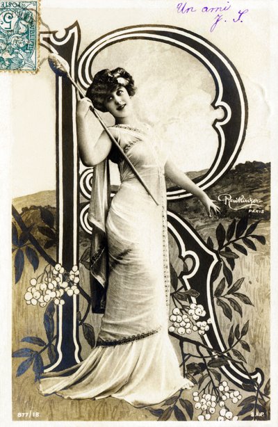 R: Gabrielle Robinne, Franse actrice, Comédie Française, Parijs - Alfabet op ansichtkaart door Studio Reutlinger