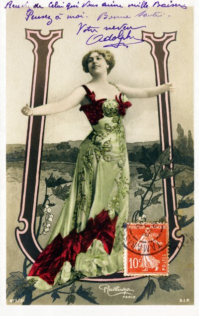U: Olive Haygate, Engelse actrice uit de Belle Epoque - Alfabet op ansichtkaart door Studio Reutlinger