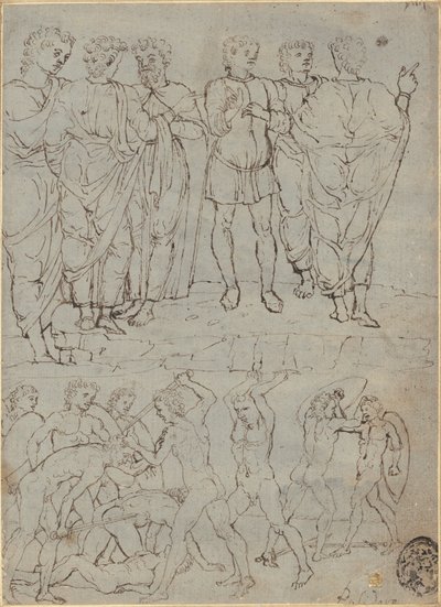 Zes pratende mannen en tien vechtende naakten door Studio of Francesco Squarcione