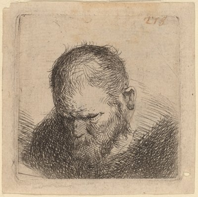Baardige man die naar beneden kijkt door Studio of Rembrandt van Rijn
