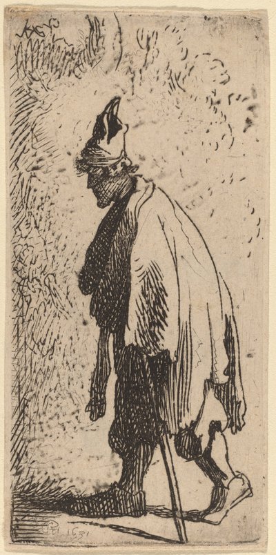 Bedelaar met een Stok, Lopend naar Links door Studio of Rembrandt van Rijn