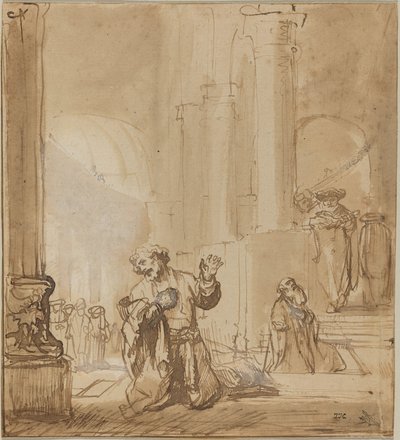 De gelijkenis van de tollenaar en de farizeeër door Studio of Rembrandt van Rijn