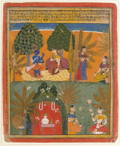 Krishna en Radha met hun vertrouwelingen: Pagina uit een verspreide Gita Govinda, ca. 1655-60 door Style of Manohar