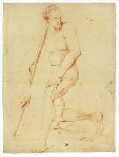 Academisch mannelijk naakt leunend op staf door Style of Pompeo Girolamo Batoni