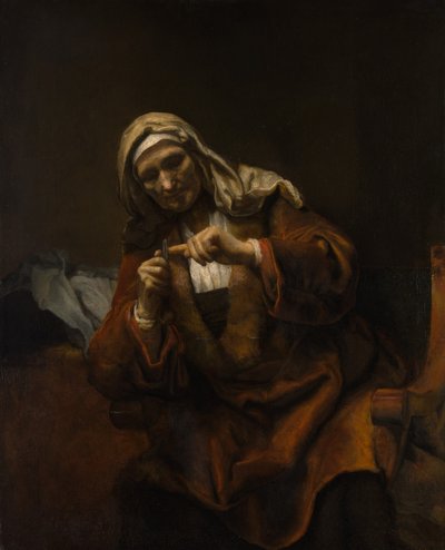 Oude vrouw knipt haar nagels door Style of Rembrandt