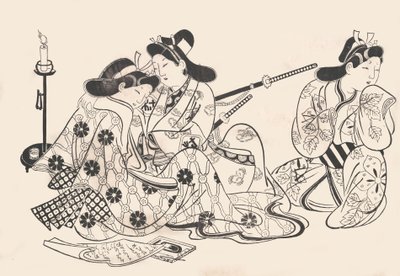 Samurai en courtisane zittend, een dienaar naast hen door Sugimura Jihei