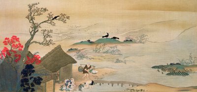 Boeren die Groenten Oogsten nabij Kyoto in de Middeleeuwen, gedrukt in 