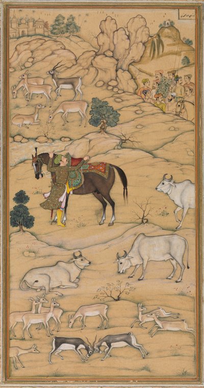 Akbar Stijgt op zijn Paard, pagina uit de Chester Beatty Akbar Nama Geschiedenis van Akbar, 1605-07 door Sur Das Gujarati