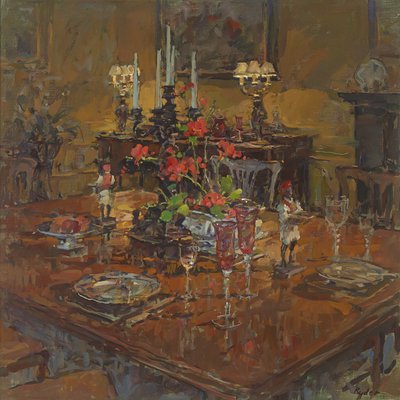 Eetkamer met geraniums door Susan Ryder