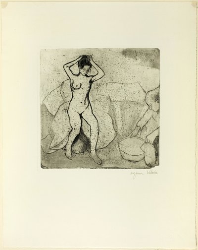Catherine Bereidt het Bad voor en Louise, Naakt, Maakt Haar Haar Vast door Suzanne Valadon