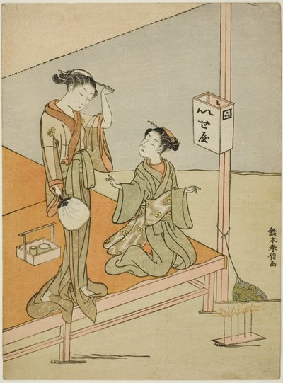 Een courtisane en haar bediende bij het theehuis aan de rivier Iseya door Suzuki Harunobu
