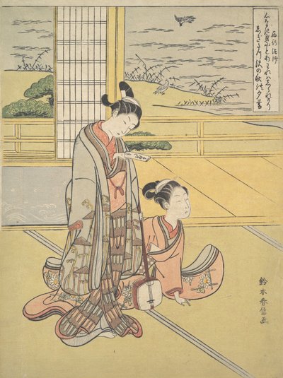 Een Jonge Man en Vrouw met een Shamisen, Monnik Saigyo door Suzuki Harunobu