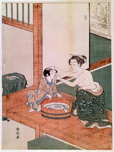 Een naakte moeder die haar kind wast in Japan bij een bassin gevuld met water. Prenten door Haronobu Suzuki (1725-1770). 1766-1768. Dim. 0,27x0,201 m. Parijs, Guimet Museum, Nationaal Museum van Aziatische Kunsten door Suzuki Harunobu
