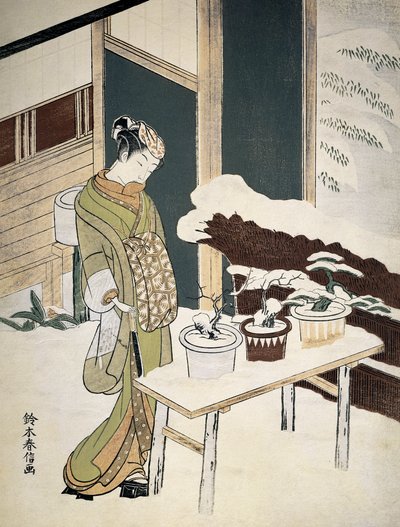 Een jonge vrouw bewondert haar bonzais op het besneeuwde terras. 18e eeuw (prent) door Suzuki Harunobu