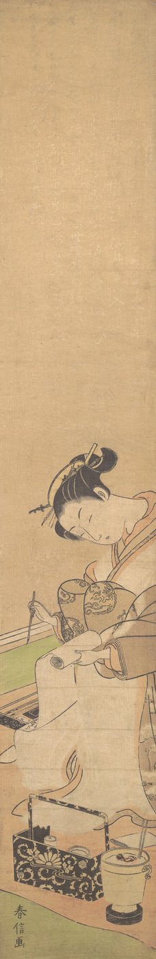 Een Oiran zittend op een bed, een brief schrijvend, ca. 1769 door Suzuki Harunobu