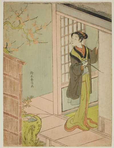 Schoonheid bewondert een zangvogel in een pruimenboom door Suzuki Harunobu
