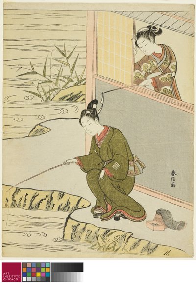 Schoonheid Plaagt een Jonge Man die Vist, c. 1768 door Suzuki Harunobu