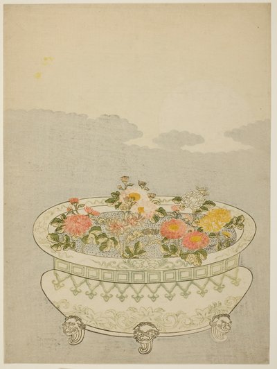 Chrysanten en de opkomende maan door Suzuki Harunobu