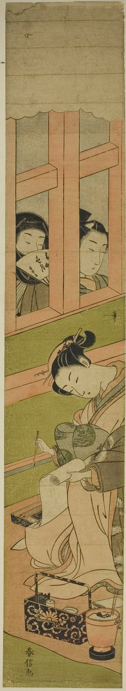 Courtisane Schrijft een Brief terwijl Twee Mannen door een Raamrooster Kijken door Suzuki Harunobu