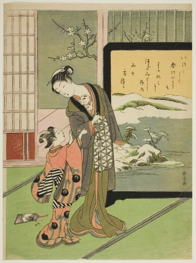 Courtisane en haar kind bediende die met een kat speelt door Suzuki Harunobu