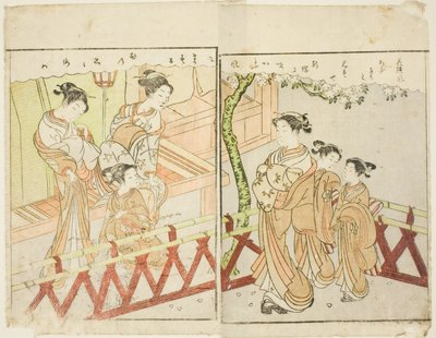 Dubbelpagina illustratie uit Vol. 2 van "Prentenboek van Lente Brokaten (Ehon haru no nishiki)" door Suzuki Harunobu